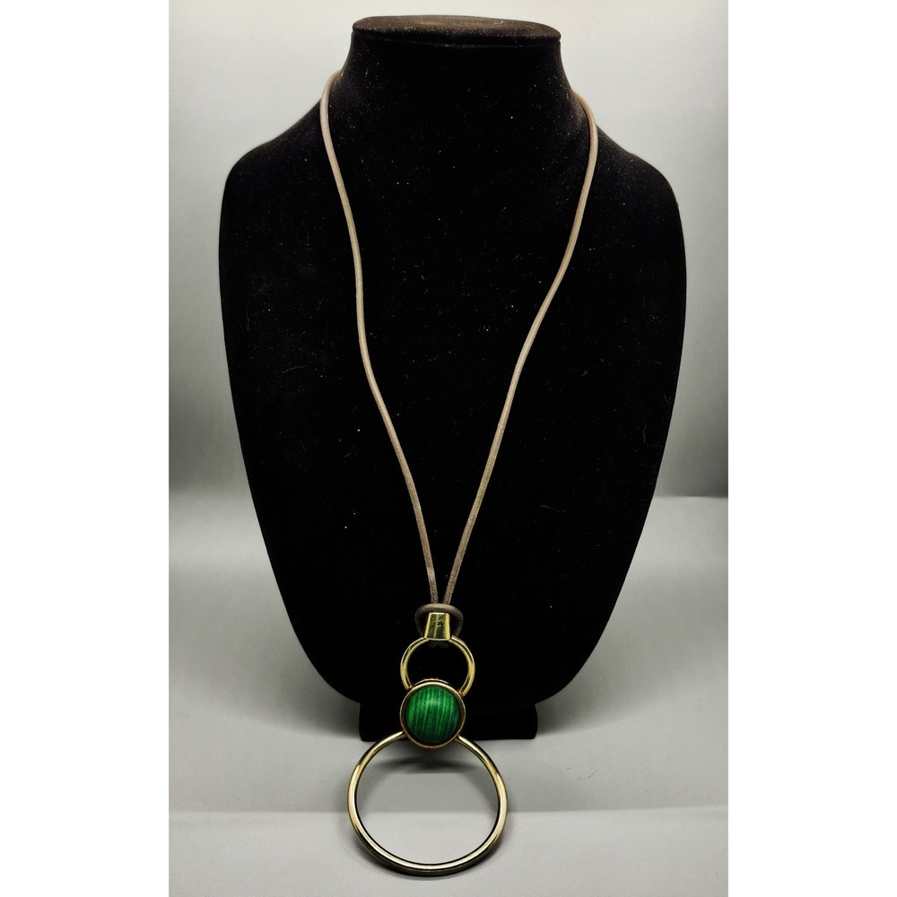 CHICO'S Statement Pendant Necklace Adjustable Cord Malachite Green Stone Gold